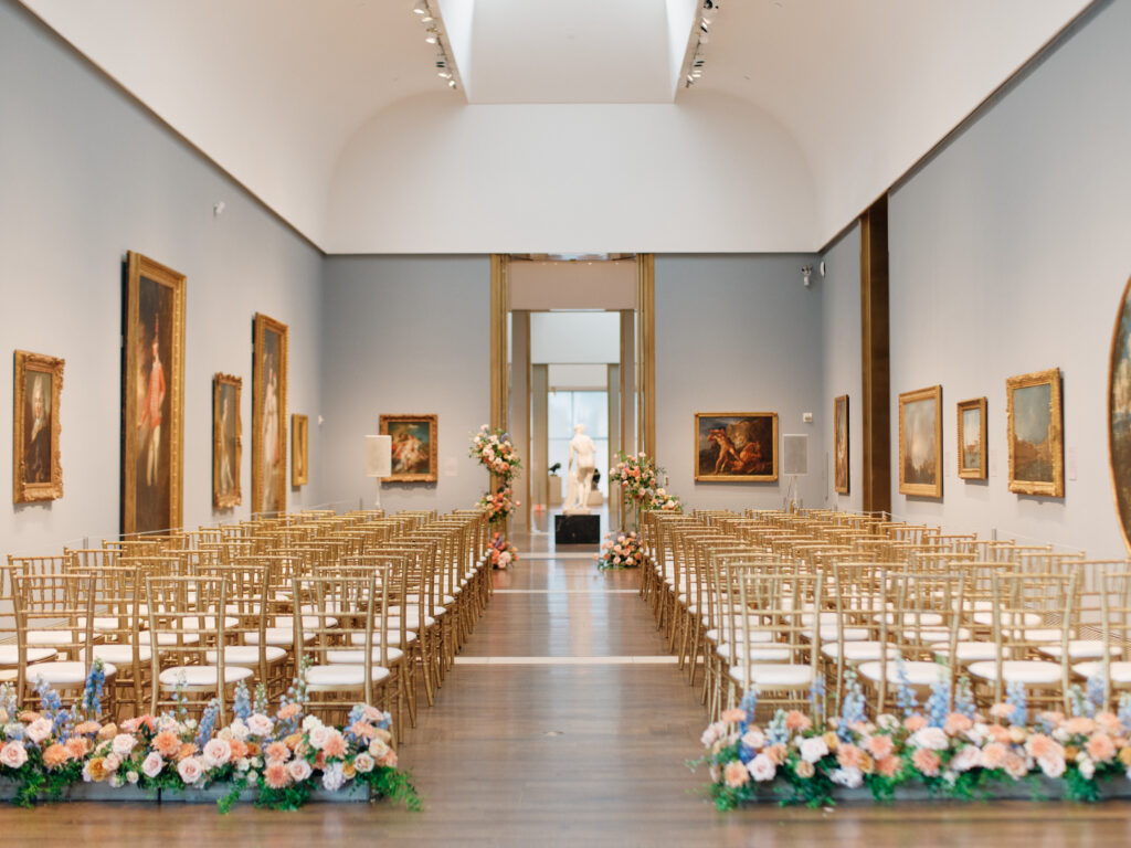 Dramatic wedding ceremony aisle at the museum of fine arts houston