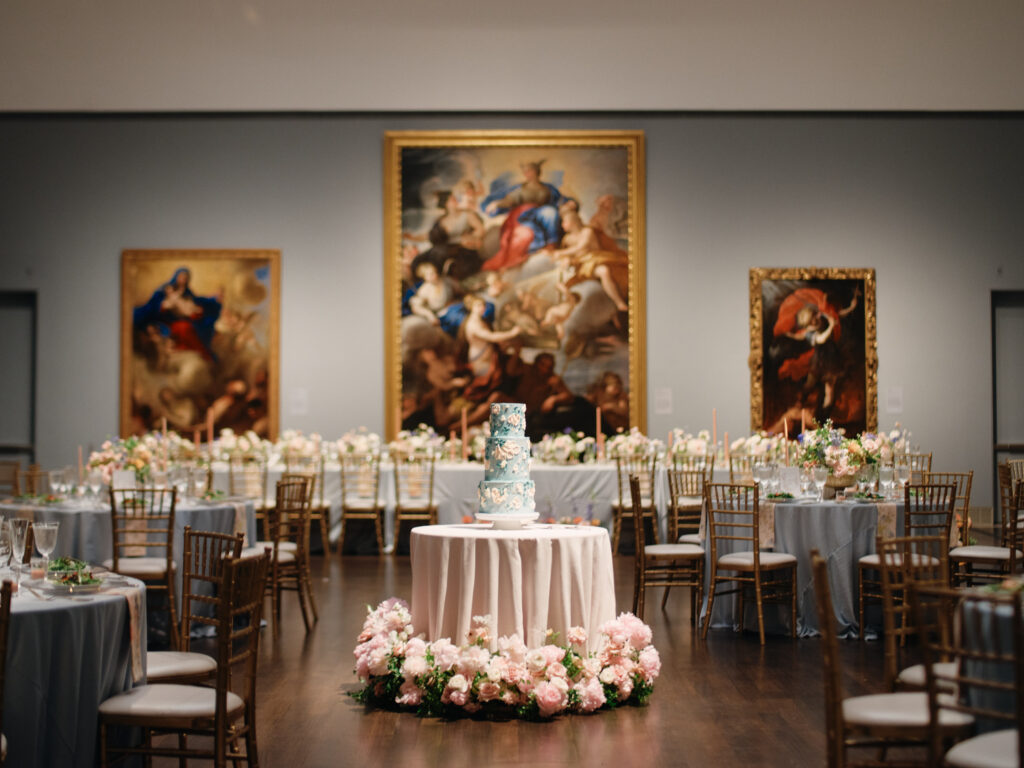 wedding cake and dinner reception at the museum of fine arts houston