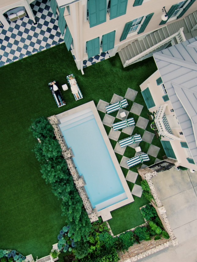 aerial pool shot at the 1874 guest house