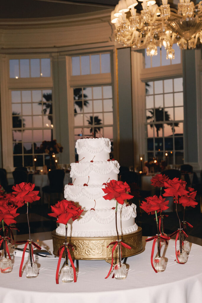 red and white Wedding Cake Reception at Grand Galvez