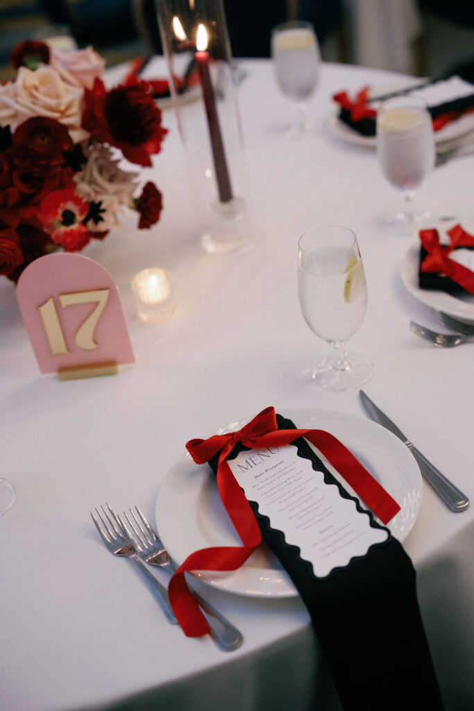 wedding menus with red bows