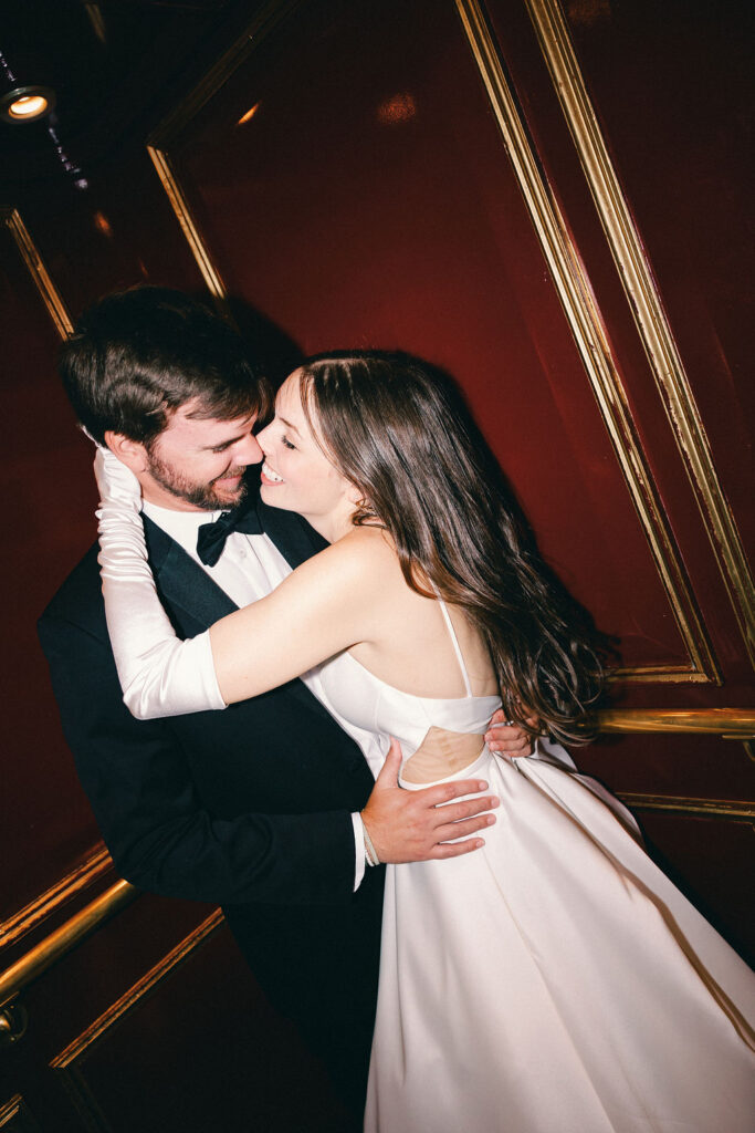 bride and groom in the elevator at grand galvez