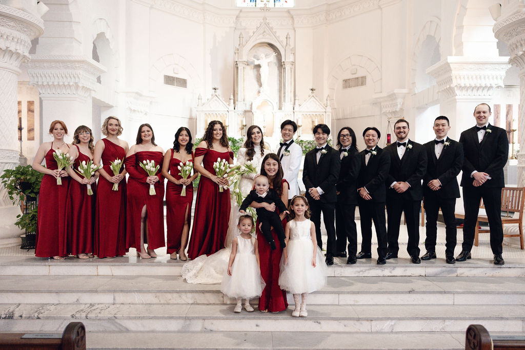 Wedding Party photo captured at Sacred Heart Catholic Church, before the Bryan Museum wedding.