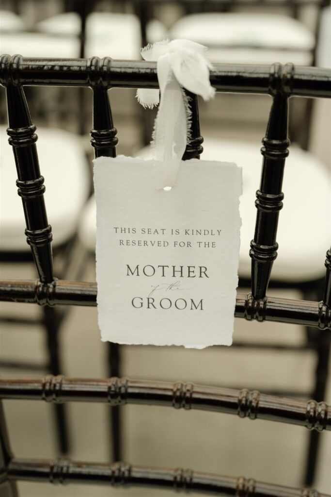 Reserved wedding ceremony chair for the mother of the groom at The Bryan Museum.