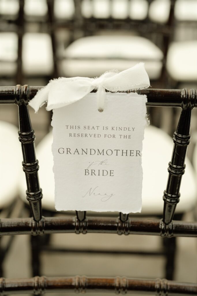 Reserved ceremony seat for the bride’s grandmother at a Bryan Museum wedding.