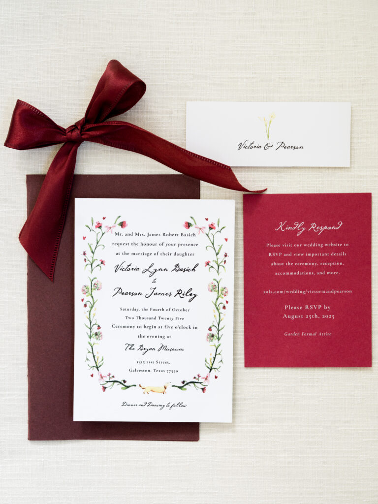 Elegant red and white wedding invitation suite with wax seal and florals for a fall wedding at The Bryan Museum.