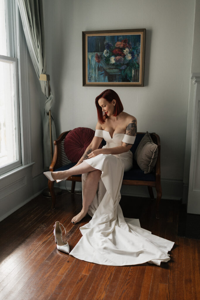 Bridal portrait inside Carr Mansion showcasing elegant wedding style and historic interiors.