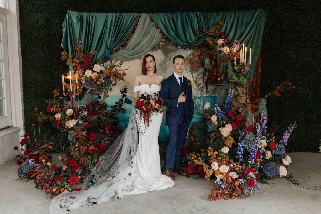 Romantic couple portrait during Carr Mansion wedding ceremony.