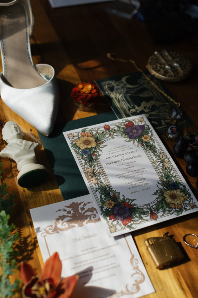 Carr Mansion wedding invitation suite featuring floral stationery and romantic wedding details.